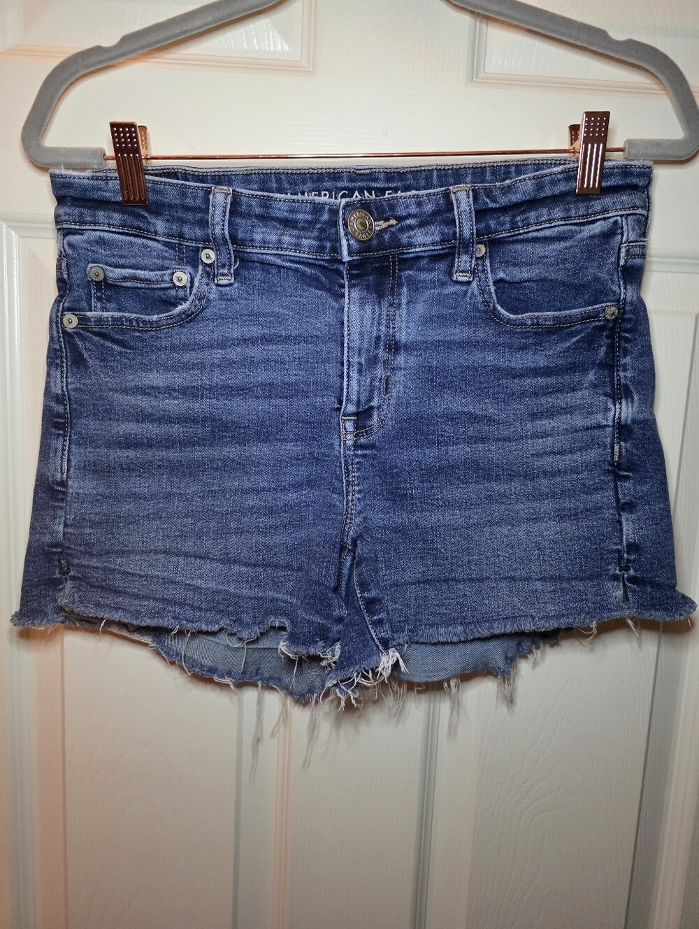 American Eagle Outfitters Midi Denim Shorts Womens Raw Hem Blue 10